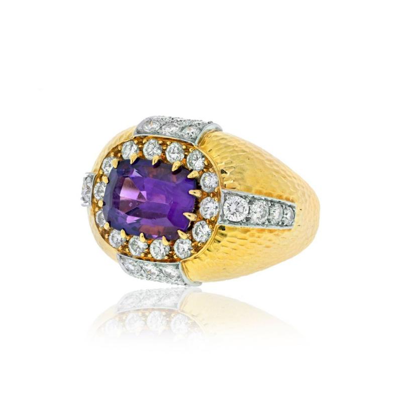 David Webb WEBB PLATINUM 18K YELLOW GOLD OVAL AMETHYST AND DIAMOND HAMMERED FINISH RING
