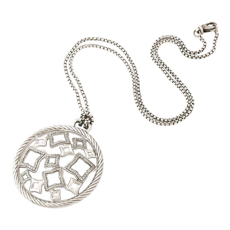David Yurman David Yurman Sterling Silver Diamond Quatrefoil Disc Necklace