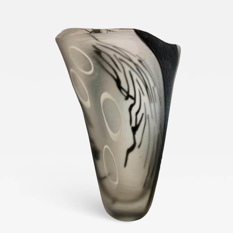 Davide Dona Davide Dona Modern Black White and Crystal Clear Murano Glass Sculptural Vase