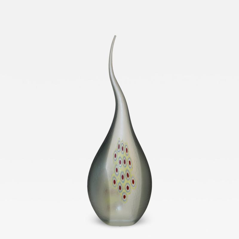 Davide Dona Dona Modern Art Glass Smoked Gray Sculptural Vase with Red and Yellow Murrine