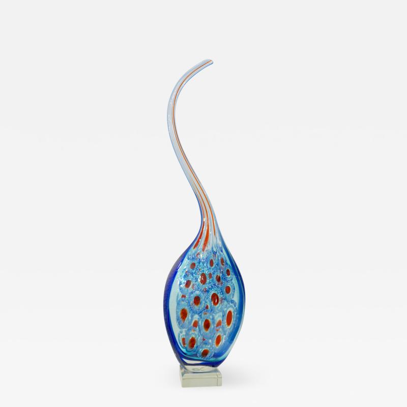 Davide Dona Dona Modern Art Murano Glass Sapphire Blue Sculpture Vase with Red White Murrine