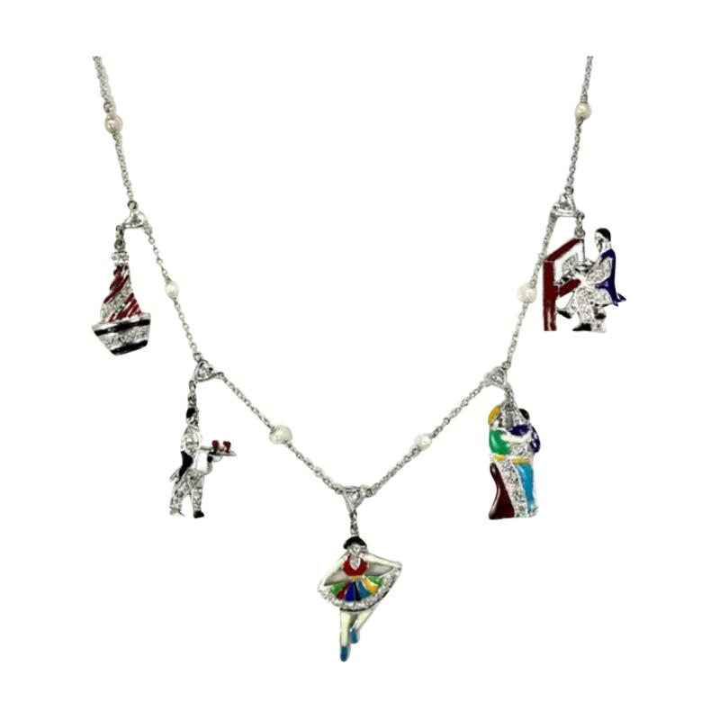 Deco 1930s to 1950s Enameled Diamond Charm Necklace