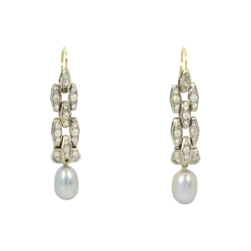 Deco Diamond Pearl Drop Earrings Platinum and 14 Karat Gold