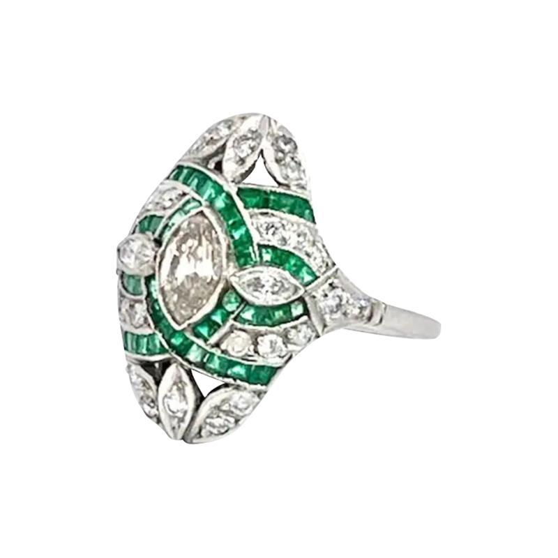 Deco Emerald Diamond Shuttle Ring 18K