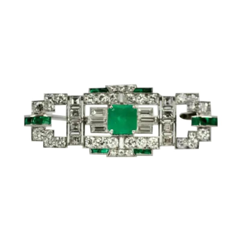 Deco Platinum Emerald Diamond Brooch