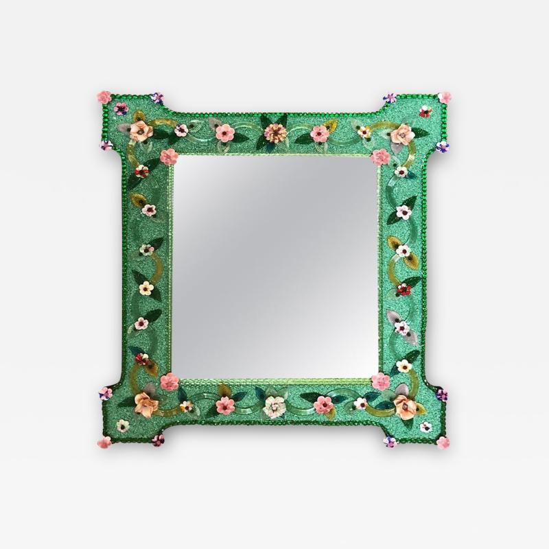 Delicious Venetian Murano Glass Mirror with Multicolor Flowers