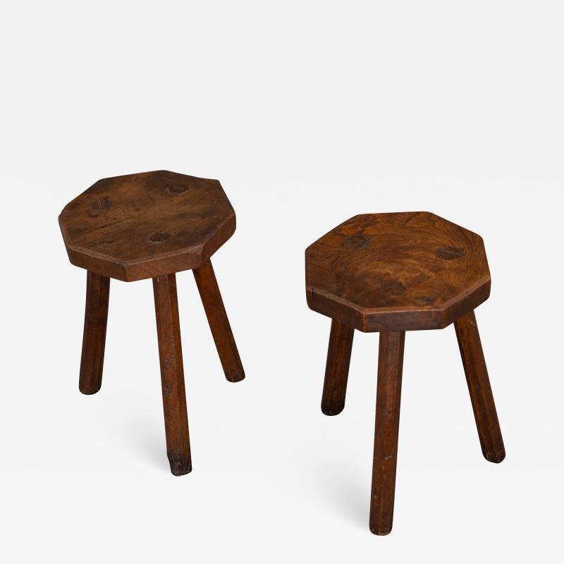 Delightful and Rare Pair of Elm Stools