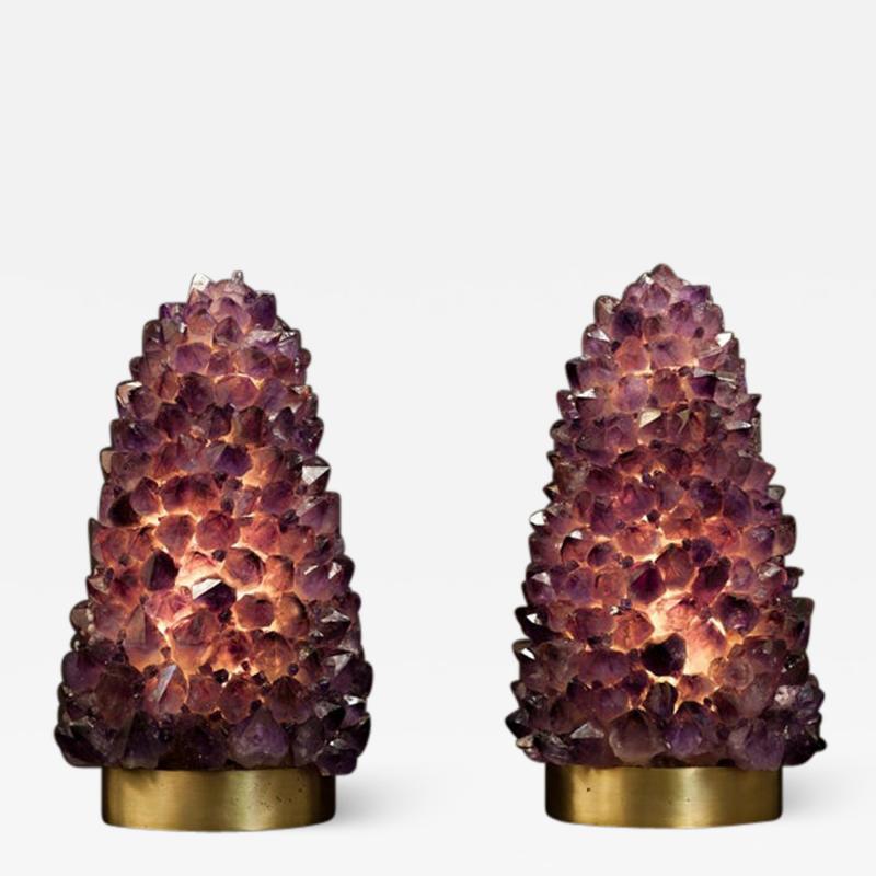 Demian Quincke Pair of Natural Amethyst Table Lamps Signed by Demian Quincke