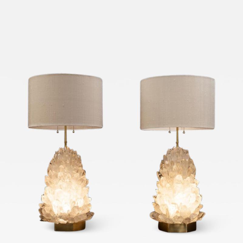 Demian Quincke Pair of Natural Crystal Table Lamps Signed by Demian Quincke