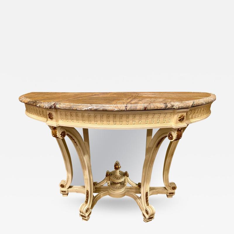 Demilune Console Hollywood Regency Style Marble Top with Beveled Mirror Back