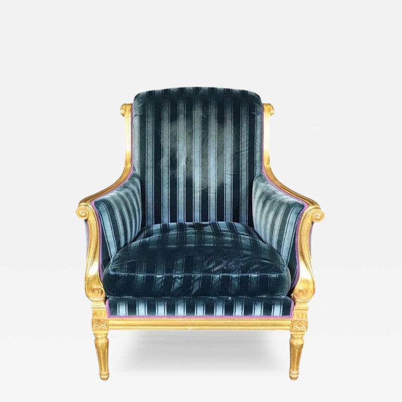 Dennis Leen Dennis Leen Louis XVI Style French Giltwood Blue Velvet Bergere Arm Chair