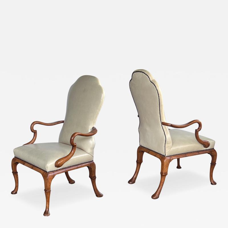 Dennis Leen Pair English Queen Anne Style Carved Walnut Shepherds Crook Armchairs