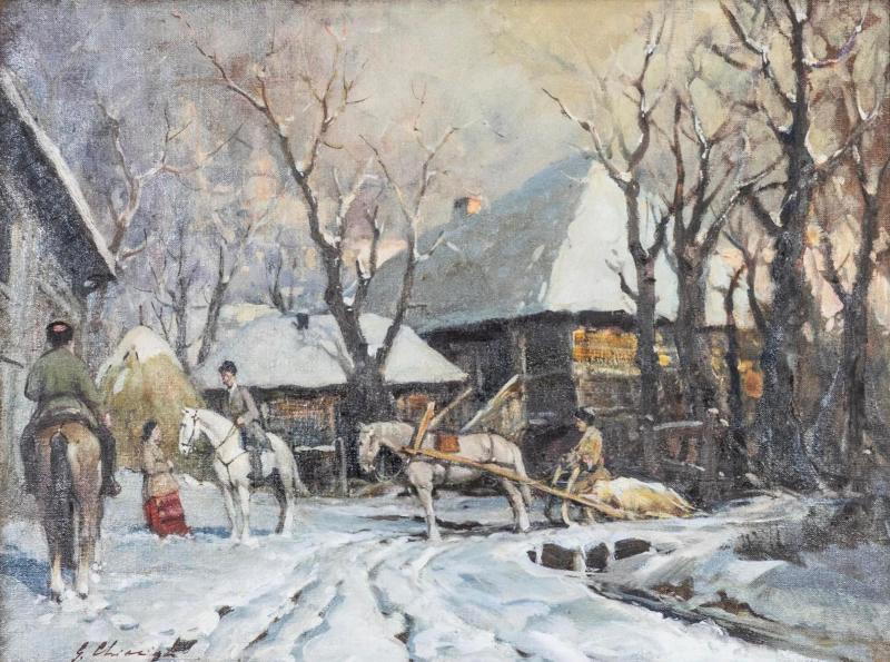 Description Needed Russian Landscape with Figures and Horses