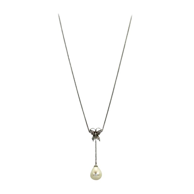 Diamond Butterfly Necklace Drop Pearl 18 Karat