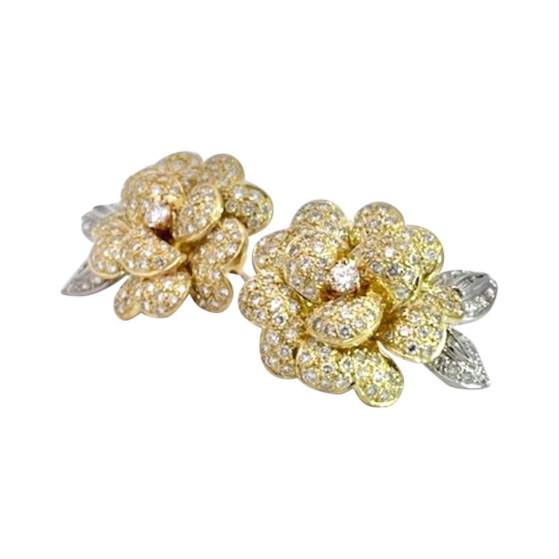 Diamond Rose Earrings Large Yellow Gold 14K