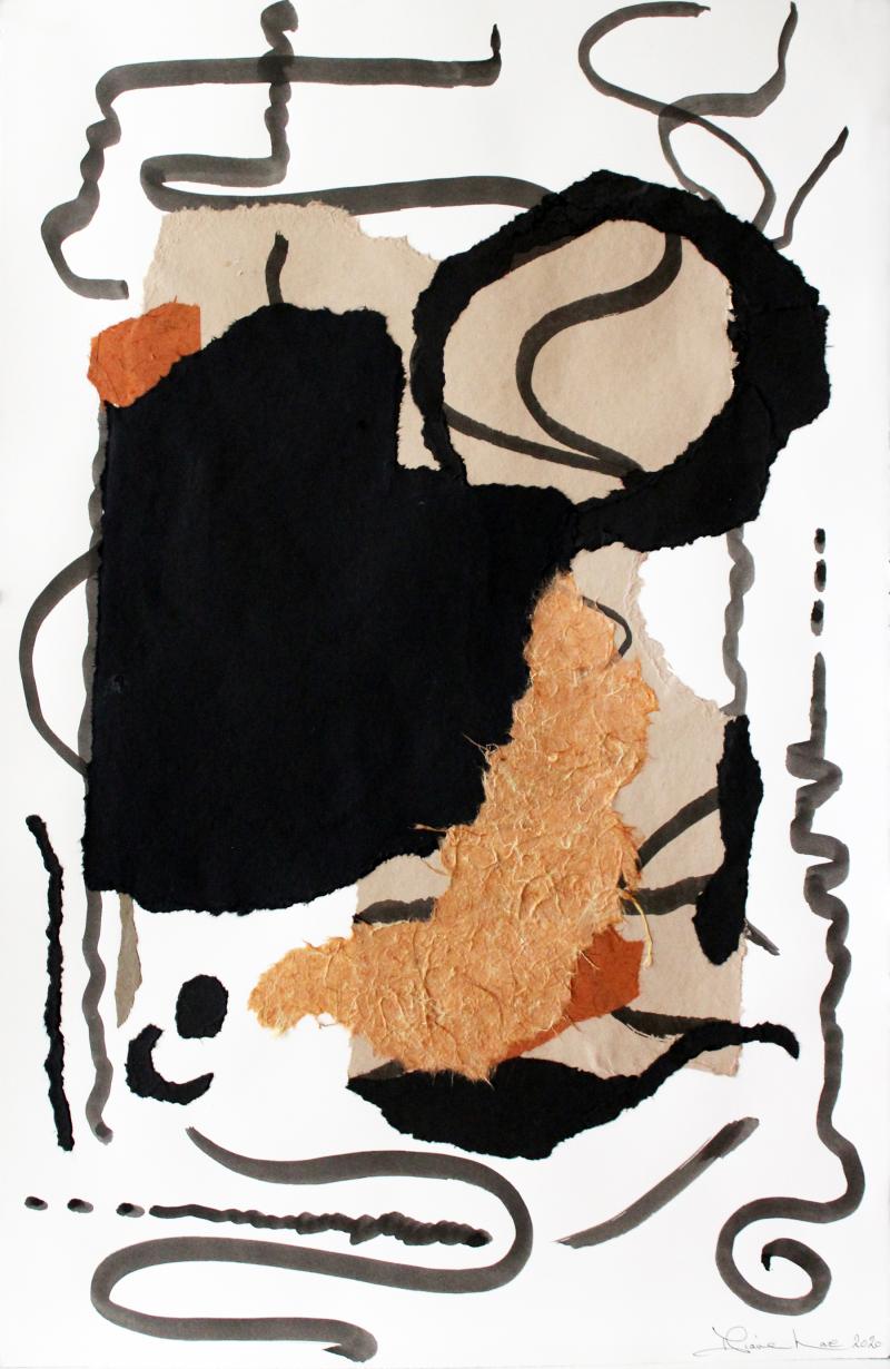 Diane Love Rhythm 2021 Large Framed Abstract Black Rust and Tan Collage by Diane Love