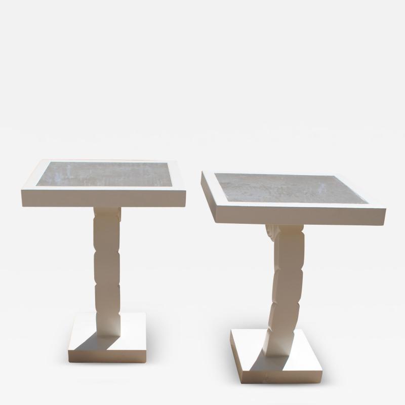 Dickinson style white arabesque side tables