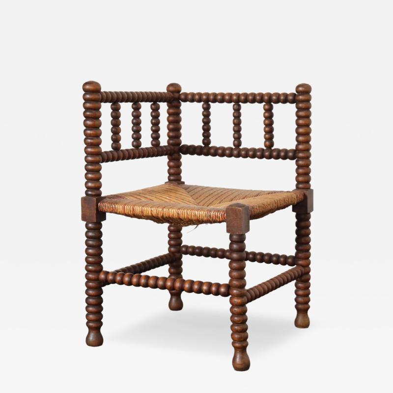 Diminutive Antique French 19th Century Bobbin Corner Chair with Rush Seat