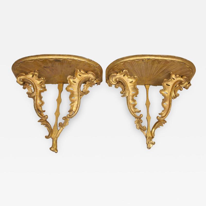 Diminutive pair of gilded wall console tables with faux marble tops