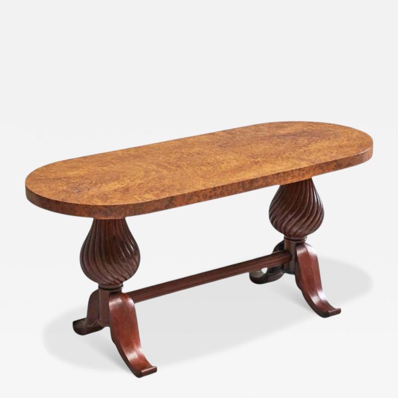 Distinct French Art Deco Burlwood Coffee Table with Carved Torsade Legs 1930s
