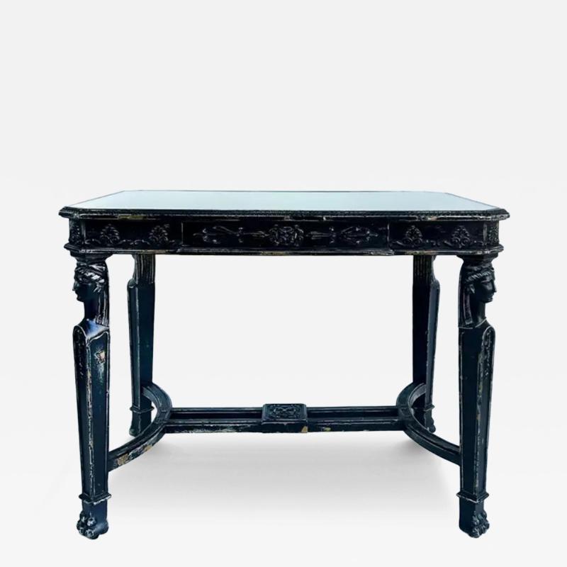 Distressed Painted Egyptian Revival Style Console Table with Inset Glass