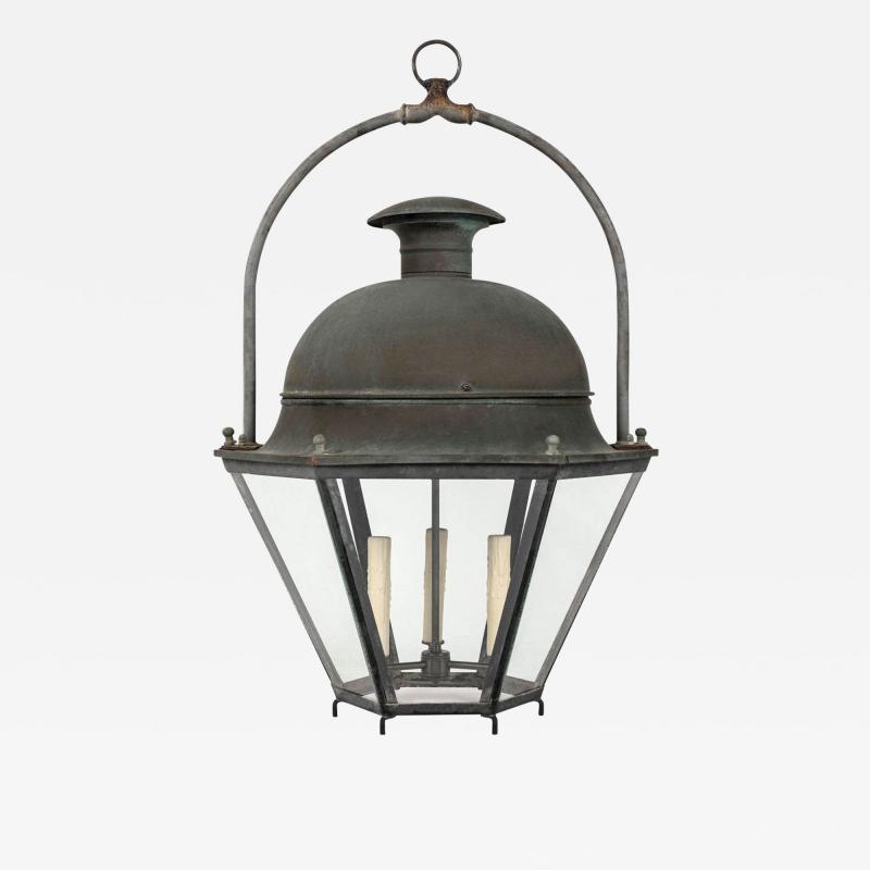 Domed Hexagonal Glass Paneled Iron and Copper Lantern