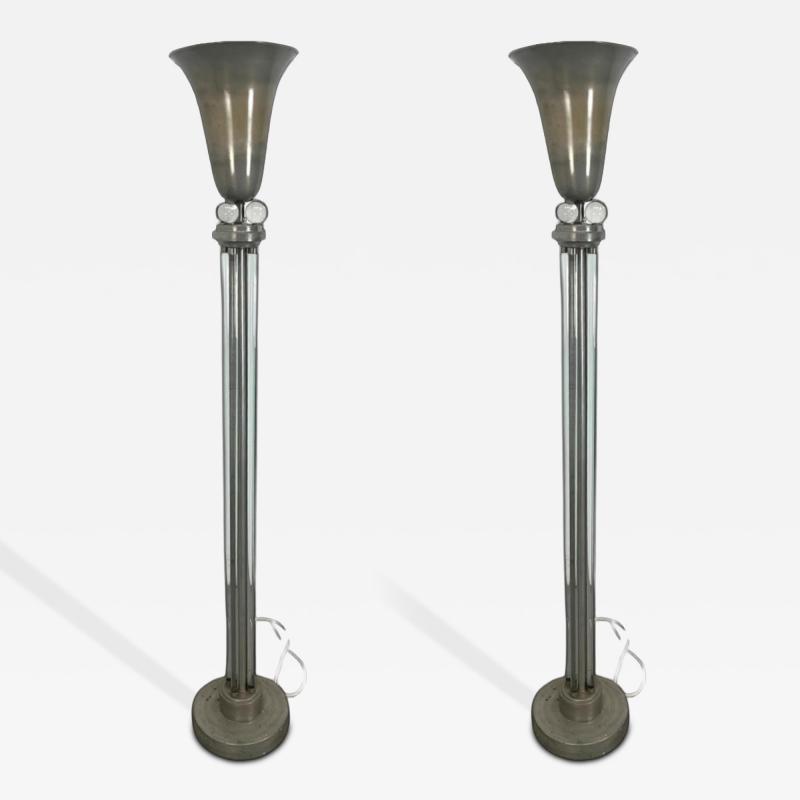 Donald Deskey ART DECO MODERNIST NICKELED BRONZE GLASS BALL GLASS ROD TORCHIERES