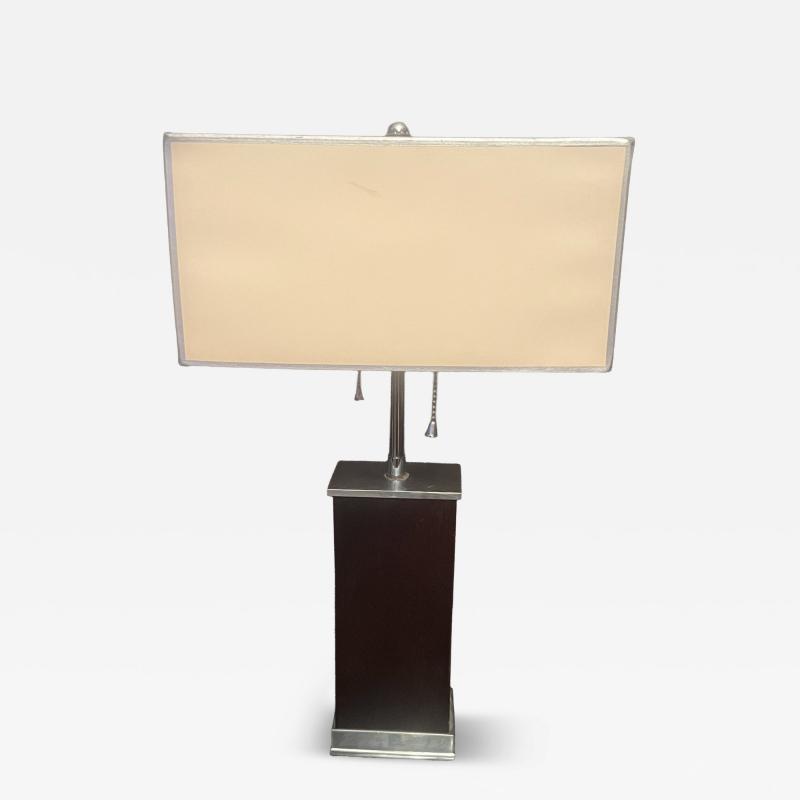 Donald Deskey ART DECO MODERNIST WOOD STREAMLINED NICKELED BRONZE LAMP WITH ORIGINAL SHADE