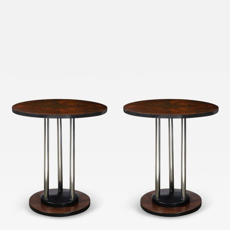 Donald Deskey Art Deco Machine Age Side Tables in Book Matched Walnut By Donald Deskey