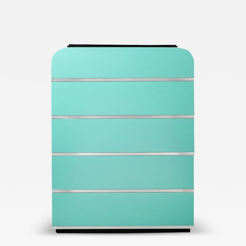 Donald Deskey Art Deco Robins Egg Blue Lacquer Brushed Aluminum High Chest by Donald Deskey