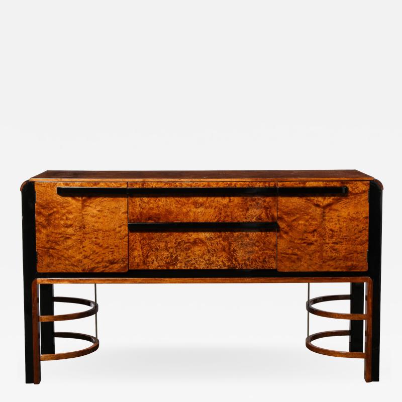 Donald Deskey Donald Deskey Art Deco Black Lacquer Burled Carpathian Elm Walnut Sideboard