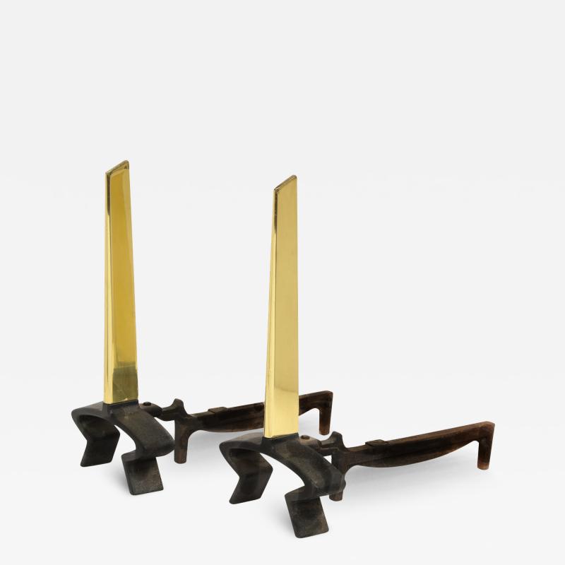 Donald Deskey Donald Deskey Pair of Andirons in Wrought Iron and Brass 1950s Signed 