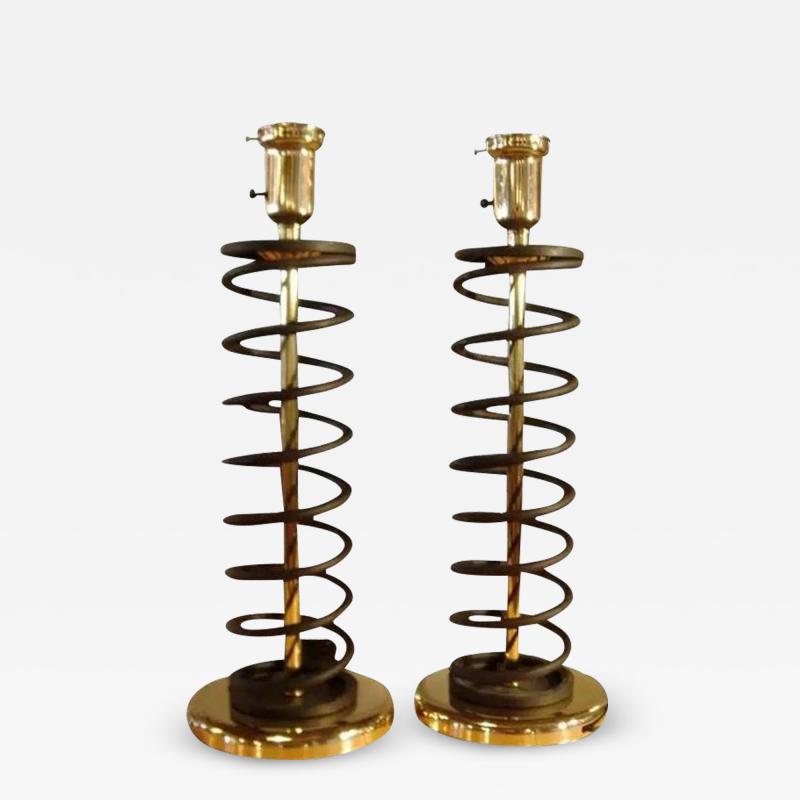Donald Deskey Pair of Brass and Steel Coil Spring Lamps in the Manner of Donald Deskey