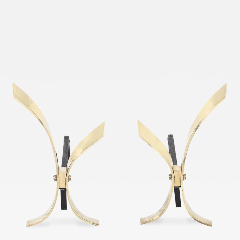 Donald Deskey Pair of Mid Century Modernist Andirons in Polished Brass by Donald Deskey