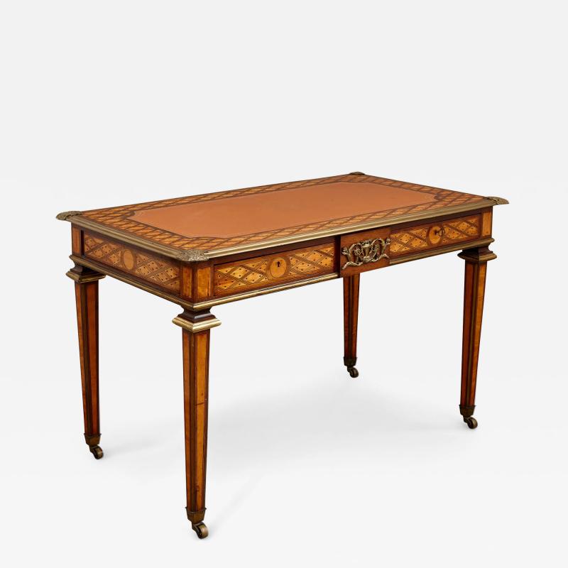 Donald Ross Antique parquetry ormolu and leather bureau plat by Ross