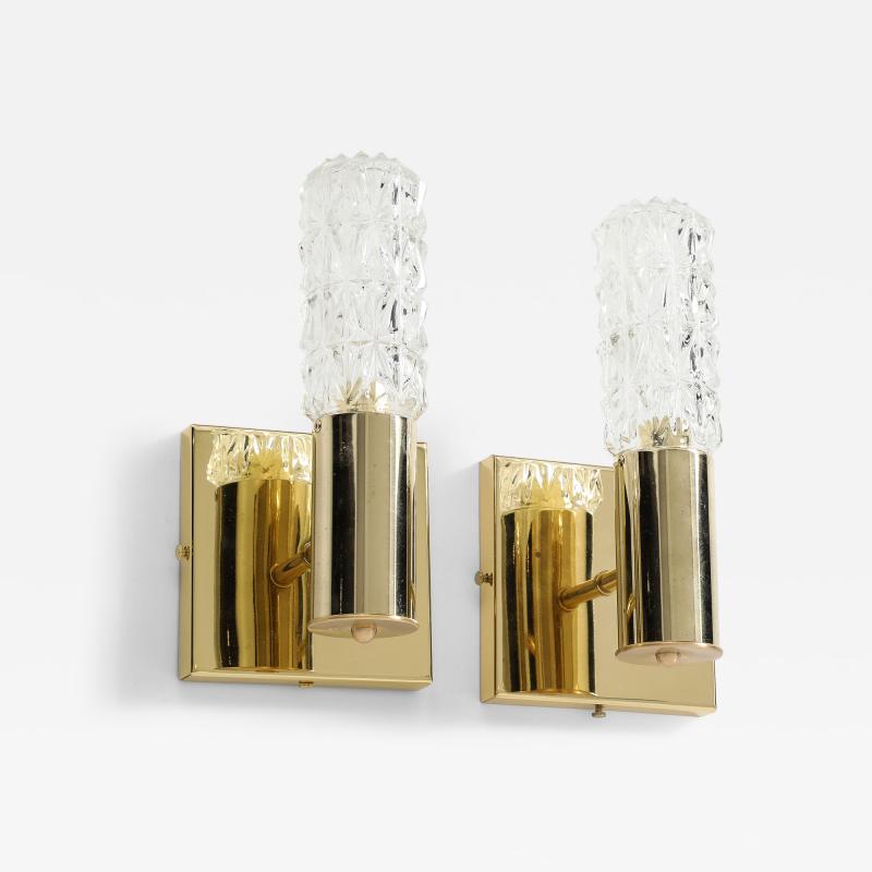 Doria Leuchten Pair of 1960s Minimalist Brass and Faceted Crystal Wall Sconces by Doria