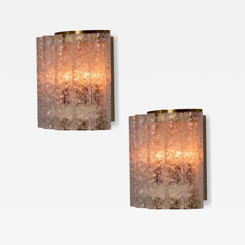 Doria Leuchten Pair of 1970s Doria Leuchten Brass and Ice Glass Wall Lamps