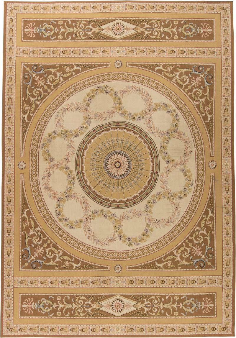 Doris Leslie Blau Collection European Inspired Aubusson Beige and Brown Wool Rug