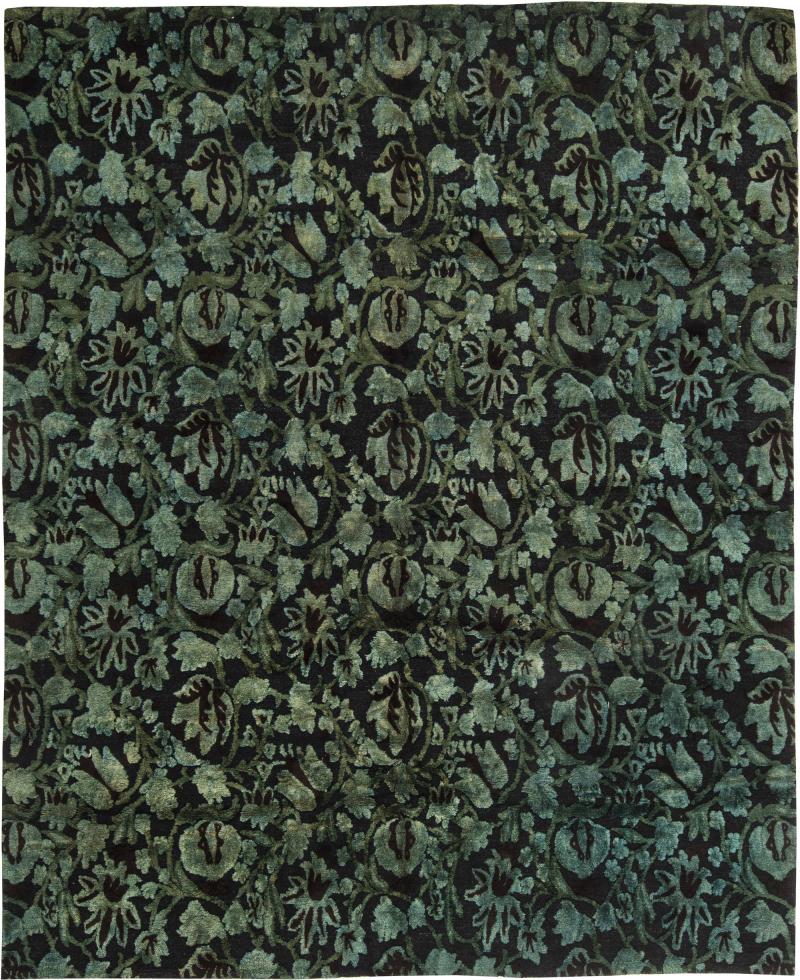 Doris Leslie Blau Collection Floral Green Black European Inspired Tibetan Rug