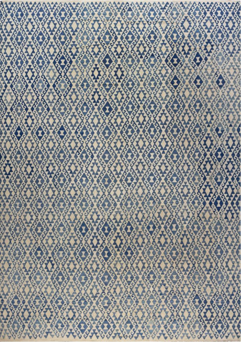 Doris Leslie Blau Collection Geometric Blue and Beige Flat Weave Wool Rug