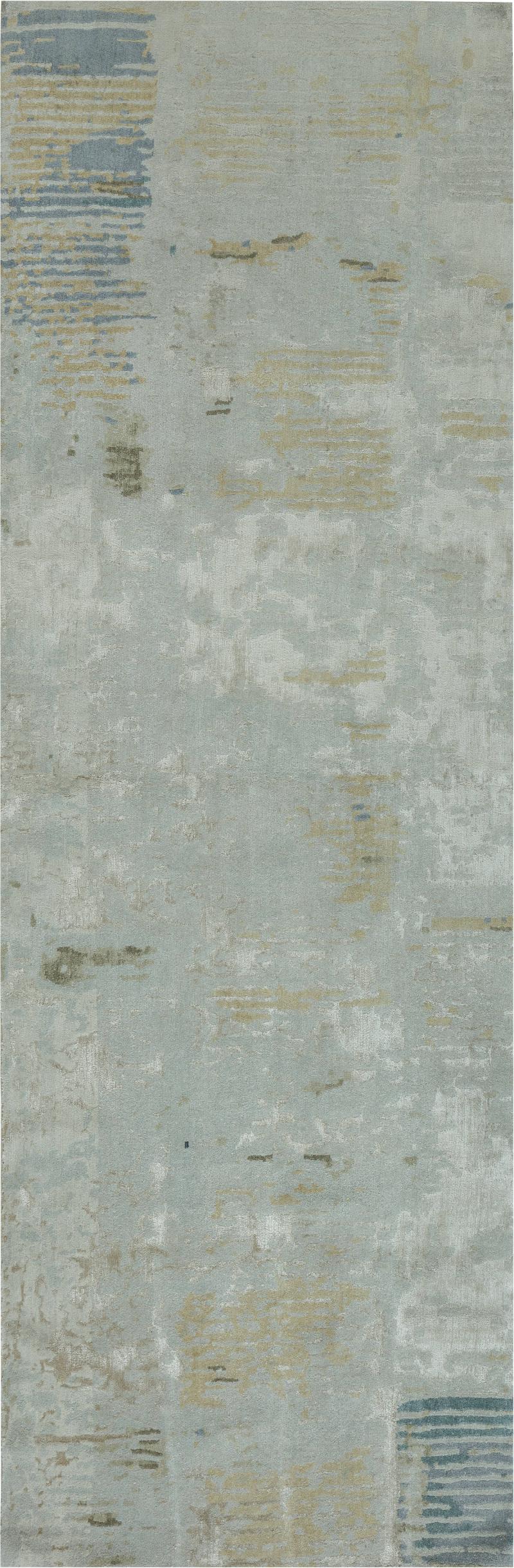 Doris Leslie Blau Collection Modern Gold Blue Gray Hand Knotted Wool Silk Runner