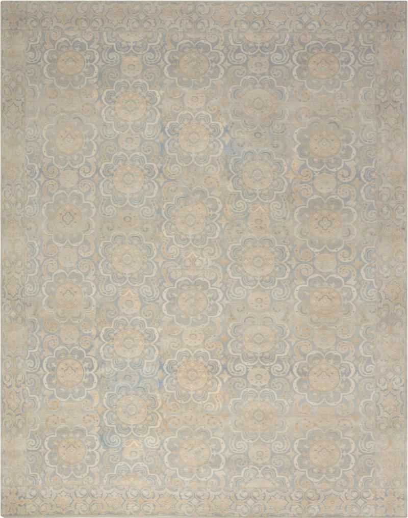 Doris Leslie Blau Collection Modern Granada Floral Design Beige Blue Wool Rug