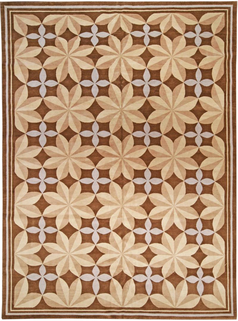 Doris Leslie Blau Collection Pinwheel Design Brown Beige Handmade Wool Rug