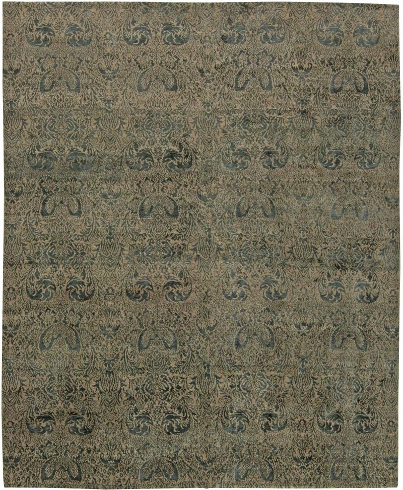 Doris Leslie Blau Collection S10 Tibetan Floral Design Rug in Dark Green Gold