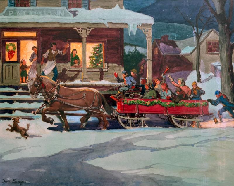 Doris Spiegel Americana Horse Drawn Sled Christmas Celebration with Barking Dog