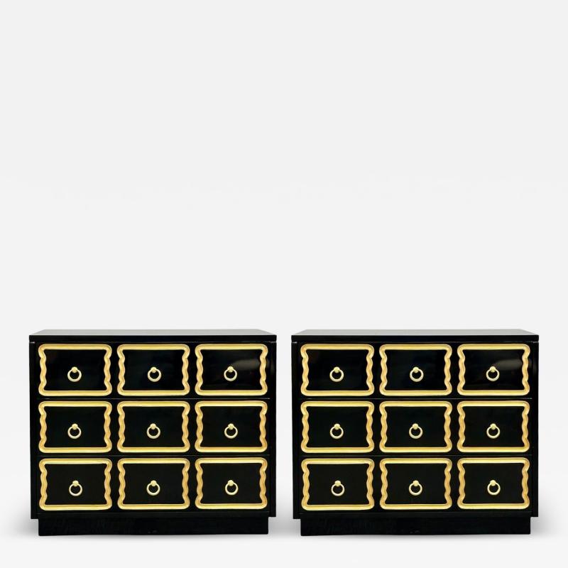 Dorothy Draper Dorothy Draper Style Hollywood Regency Black Lacquer Gilt Brass Commodes