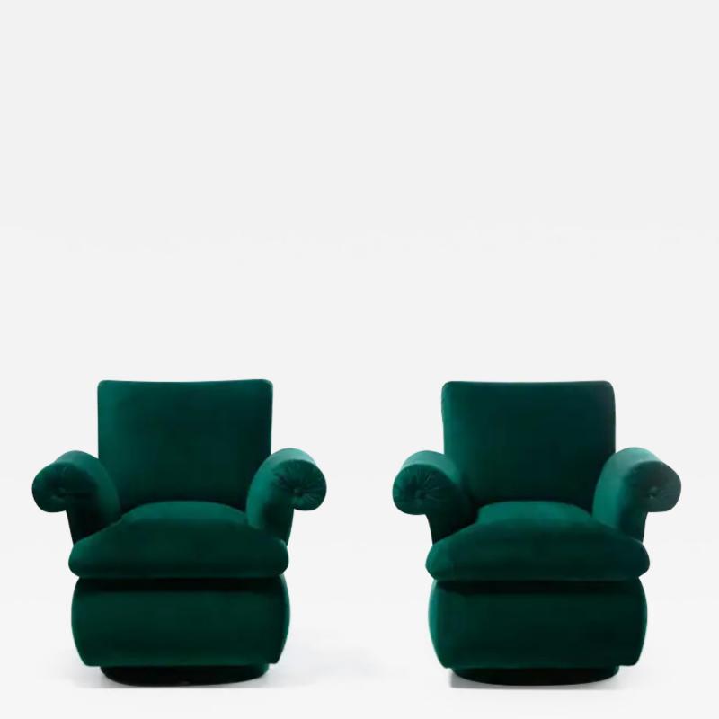 Dorothy Draper Dorothy Draper Style Hollywood Regency Swivel Arm Chairs in Emerald Velvet