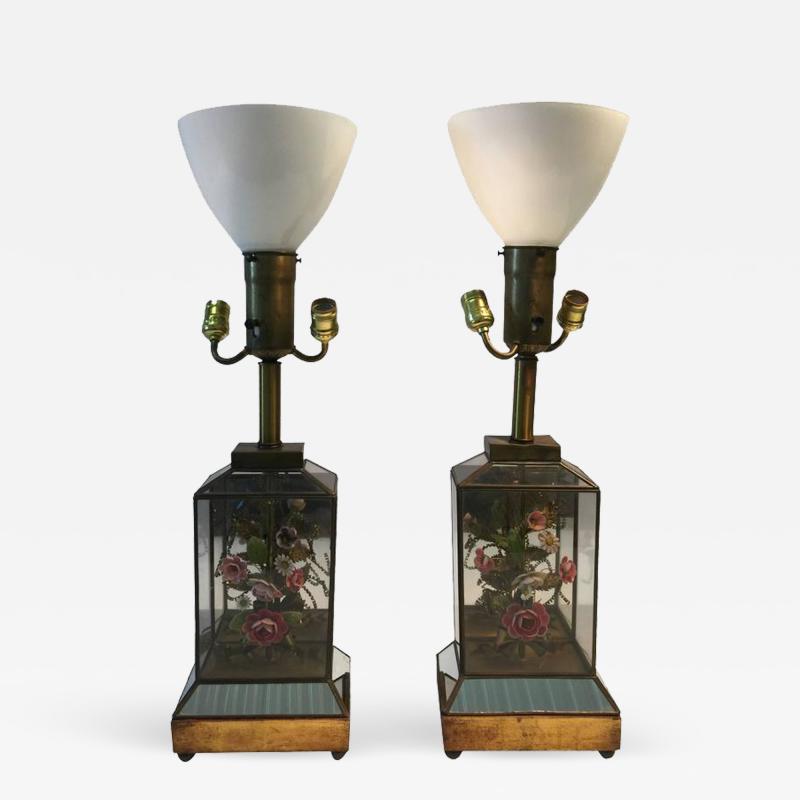 Dorothy Draper Dorothy Draper Style Mirrored Pair of Colored Shell Brass Flower Diorama Lamps