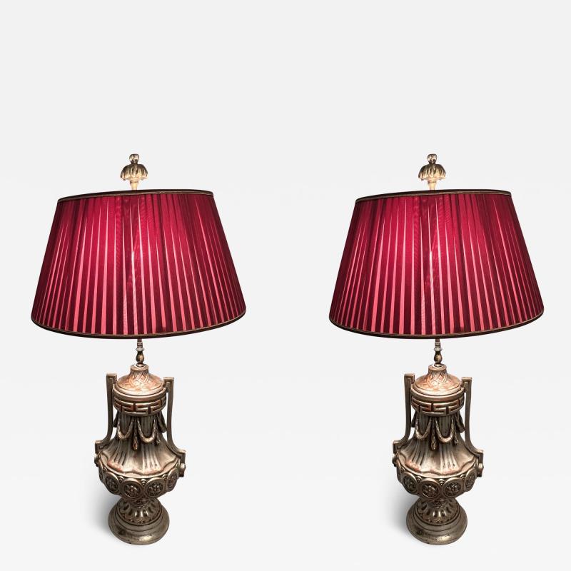 Dorothy Draper EXQUISITE PAIR OF SILVERED NEOCLASSICAL URN PLASTER LAMPS BY DOROTHY DRAPER