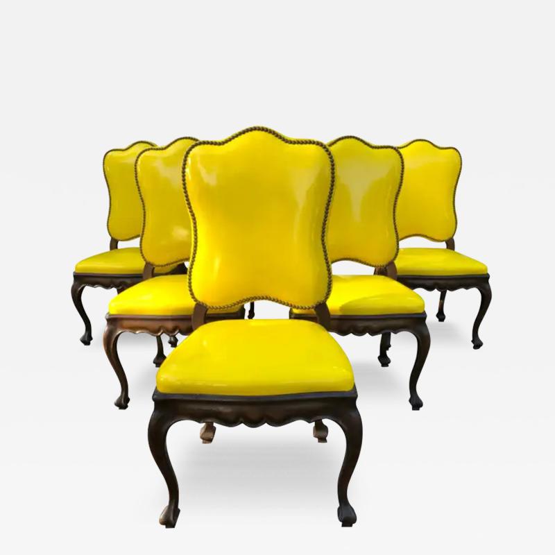 Dorothy Draper Exciting Set of 6 French Provincial Yellow Patent Leather Dining Chairs
